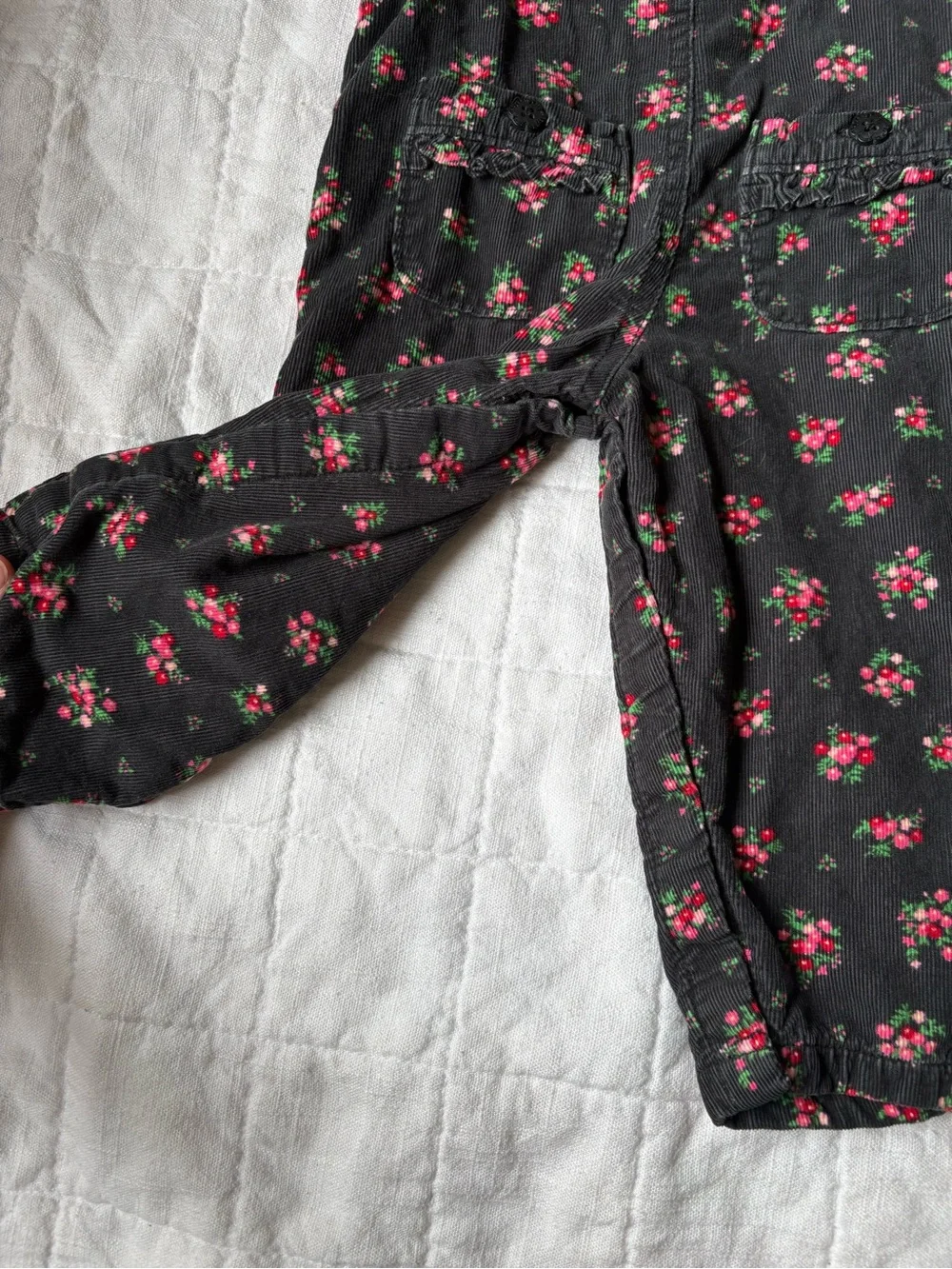 Vintage Osh Kosh Baby Girls Black Floral Overalls Pink Accents 12 Months